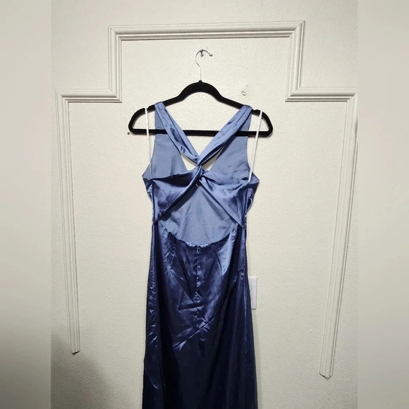 Lulus Purely Elegant Slate Blue Satin Twist-Back Maxi Dress Wedding Party Prom - Picture 9 of 12